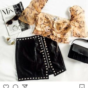 Crocodile textured faux leather studded mini skirt